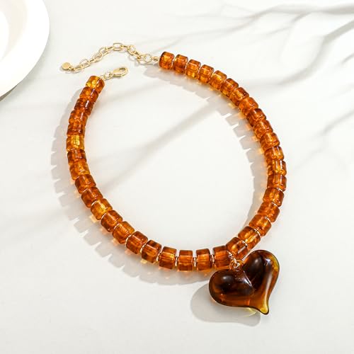 WOWORAMA Chunky Heart Necklaces for Women Colorful Resin Beaded Choker Necklace Gold Puffy Heart Statement Necklace Trendy Acrylic Choker Jewelry - color: Brown