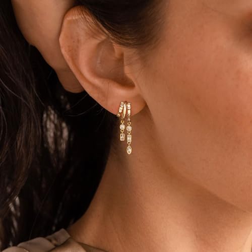 Dangle Earrings For Women, Dainty Gold Drop Statement Earrings 14K Gold Plated Long Huggie Earrings for Women Trendy Hypoallergenic Dangly Earrings Small Triple Hoops Earrings Fashion Jewelry - color: gold-square