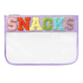DYSHAYEN Chenille Letter Clear Zipper Pouch for Travel,Nylon Clear Cosmetic Bag,Makeup Travel Bag for Women Girls 11.8 Inches x 8.2 Inches - color: Purple-Snacks