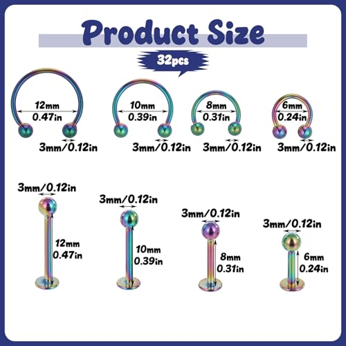 64 PCS Jewelry Lip Barbell Ring Lip Rings Vertical Labret Medusa Snake Bite Earring Piercing Jewelry Helix Earring Daith Tragus Cartilage Studs Steel for Women Men - color: Multiple colors