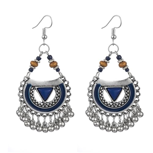 Vintage Boho Statement Drop Dangle Earrings for Women Bohemian Ethnic Handmade Beaded Charms Earring Bohemian Retro Chandelier Tassel Earrings Mexico Gypsy Jewelry Gift - color: Silver Blue Triangle