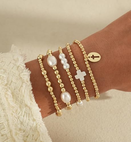 Gold Beaded Bracelets for Women, 14K Real Gold Plated Jewelry for Women Dainty Pearl Bead Bracelets Stack, Non Tarnish Trendy Stackable Ball Cross Stretch Bracelet Set Fashion Accessories Gifts - color: Gold small bead cross