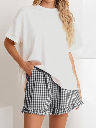 ANRABESS Boxer Shorts for Women,Gingham Plaid Elastic Waist Ruffle,Perfect for Lounge,Pajama&Sleep,Cute Casual Summer Bottoms - color: Black White Plaid, size: XX-Large