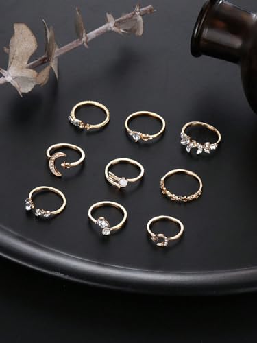 Gold Stackable Rings Set Moon Star Design Adjustable Rings for Everyday Wear Mid FingerPinky Ring Trendy Jewelry Gifts - color: J