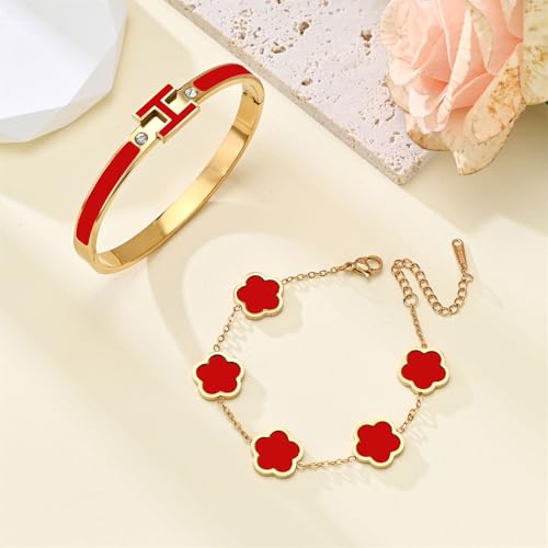 H Bangle & Clover Bracelet for Women - Stainless Steel Fashion Jewelry - 18K Gold Plated H Bangle and Lucky Five Leaf Clover Bracelet - Elegant Bracelets Set - Gift for Women - color: Gold-Red Set
