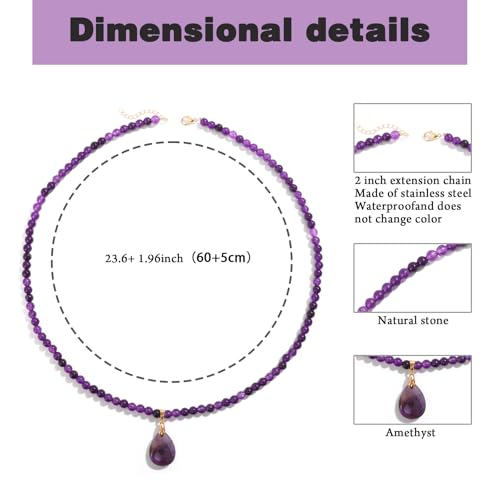 Healing Crystal Necklaces for Women Trendy Natural Stone Beaded Long Pendant Necklaces for Womens Handmade Bohemian Fashion Necklace Jewelry Gift - color: Amethyst