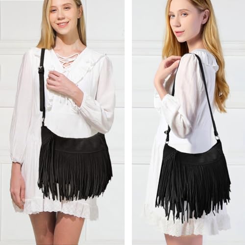 Sunwel Fashion Women Fringe Hobo Bag Western Purse Shoulder Bag Vegan Suede Tassel Hippie Crossbody Bag - color: Black