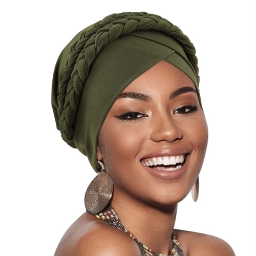 African Women Turban Caps Pre-Tied Twisted Turbans Head Scarf for Women Hair Wraps Cover Beanie Cancer Chemo Headwear - color: 1 Pack Double Twisted Braid A: Olive Green