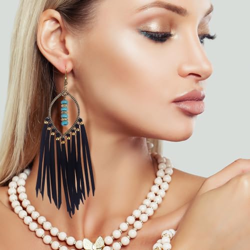 Long Bohemian Fringe Leather Earrrings Handmade Tassel Earrings with Turquoise Christmas Long Dangle Earrings for Women rodeo jewelry - color: 3