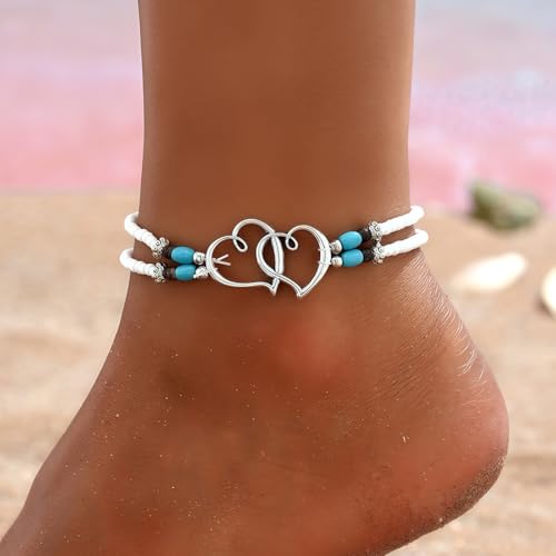Qceasiy Shell Ankle Bracelet Set for Women, Gold Plated Boho Bead Adjustable Anklet, Hawaiian Beach Seashell Pearl Heart Starfish Conch Foot Jewelry Gifts - color: Double Heart