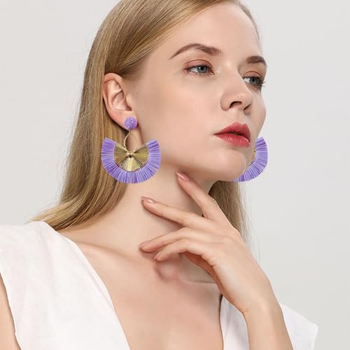 Anmpab Straw Fan Bohemian Tassel Earrings for Women Trendy Colorful Fringe Summer Beach Statement Earrings - color: Violet