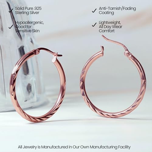 Hoops & Loops 925 Sterling Silver Diamond-Cut Hoop Earrings for Women, 2mm Textured Lightweight Click Top Hoops, 15mm 20mm 25mm 30mm, Silver 14k Yellow Gold & Rose Gold Flash Plated - color: Rose Gold - 15mm (0.59'')