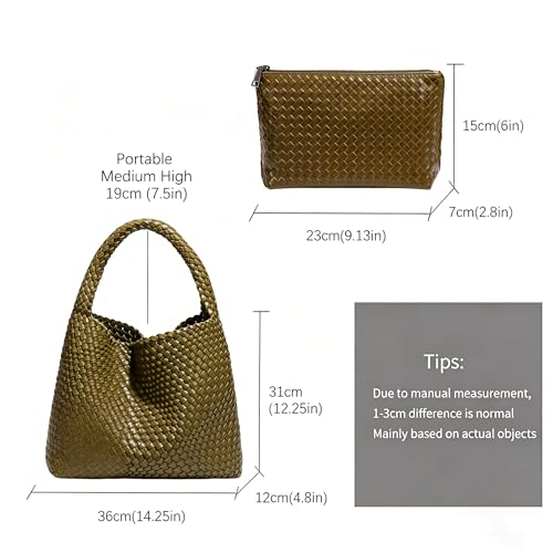 Woven Tote Bag For Women, Large Vegan Leather Travel Handbag, Casual Work Shoulder Bag, Underarm Commuter Hobo Bag With Purse - color: Green