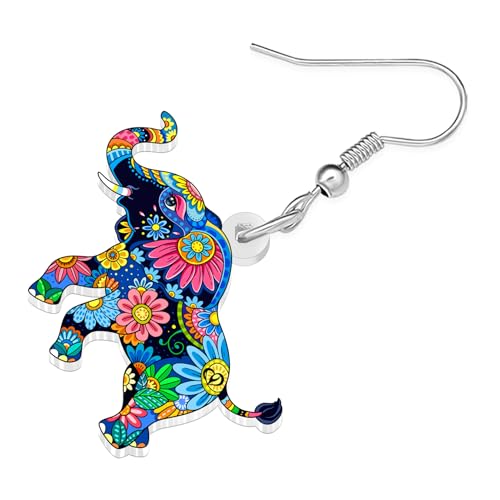 BONSNY Colorful Acrylic Elephant Dangle Earrings Bohemian Tribal Floral Design Boho Jewelry Gifts for Women Funny Novelty Hypoallergenic Spring Summer Gifts Accessories - color: Navy
