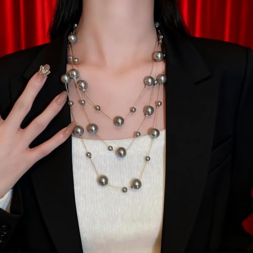Layered Pearl Necklaces for Women Big Pearl Long Chain Necklace Dainty Faux Pearl Necklaces Statement Sweater Strand Chain Jewelry - style: grey