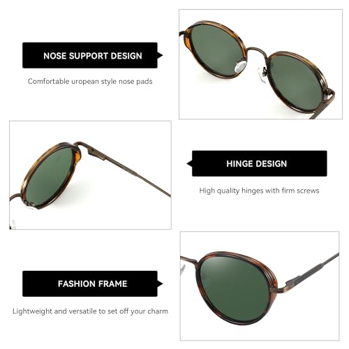 ZENOTTIC Retro Round Polarized Steampunk Sunglasses for Men Women-Circle Vintage Design Metal Frame UV400 Shades - color: C02 Tortoise Frame Green Lens