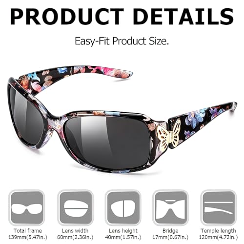TJUTR Polarized Sunglasses for Women with Wrap Around Butterfly Design, Trendy Jackie-O Style for UV400 Protection - color: A71 Floral Frame Grey Lenses