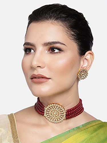 Aheli Pearl Diamond Choker Necklace & Round Earrings Gift for Women Indian Traditional Bollywood Fashion Bharatanatyam jewellery set - color: Maroon 3