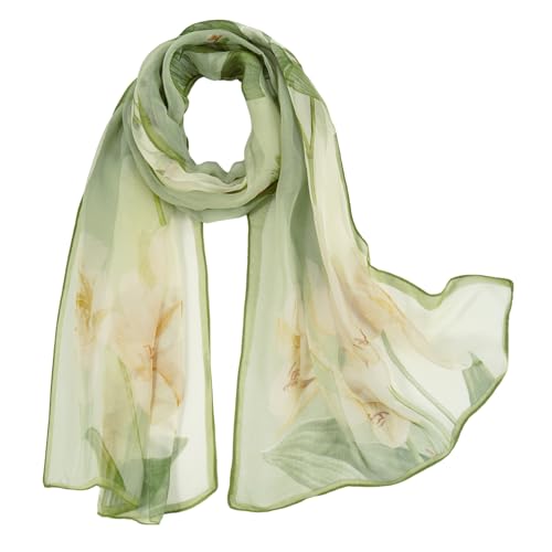 E-Clover Unique Fashion Women's Scarf Chiffon Sheer Scarves for Women Lightweight - color: Green Flowers-03