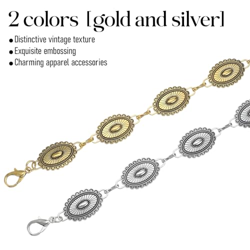 2 PCS Western Concho Belts for Women, Metal Chain Belt for Women Gold Coin Adjustable Cowgirl Belts, Boho Waist Dancers Belt with Silver Gold Colors for Dresses Jeans Country Concert