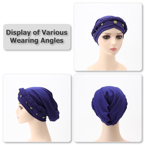 African Women Turban Caps Pre-Tied Twisted Turbans Head Scarf for Women Hair Wraps Cover Beanie Cancer Chemo Headwear - color: 1 Pack Twisted Braid: Gold Bead Blue