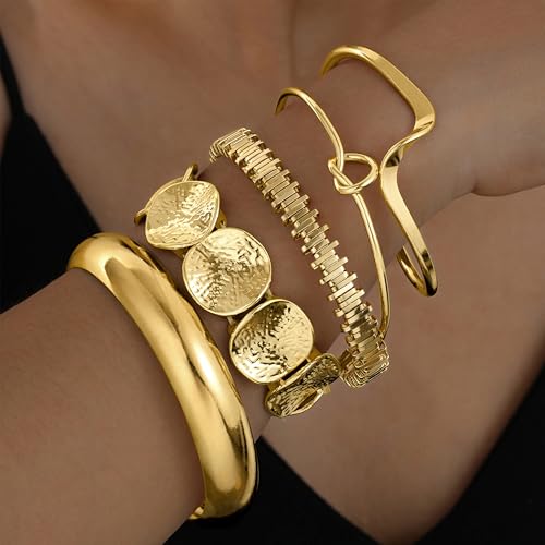 iF YOU Gold Bangle Bracelets for Women, Dainty Knot 14K Gold Plated Multi Layer Bangle Cuffs, Personalized Boho Chunky Bracelets for Women Jewelrys Set Gifts - color: gold-01