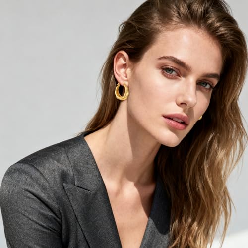 Hoop Earrings for Women 14K Gold Plated Thick Chunky Hoops Hypoallergenic Trendy Dainty Jewelry Gifts - style: Texture Hoop