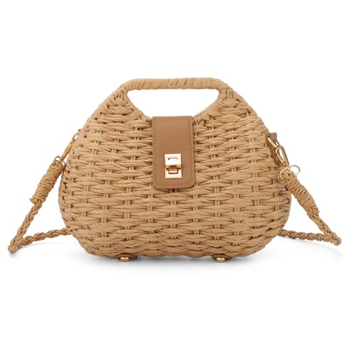 Fecialy Straw Crossbody Bag for Women Handwoven Summer Beach Clutch Purses Boho Top Handle Shoulder Bags - color: Khaki