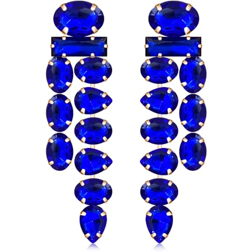 Boho Large Sparkly Rhinestones Teardrop Drop Dangle Earrings Long Tassel Full Crystals Chain Earrings for Women Wedding - style: Blue