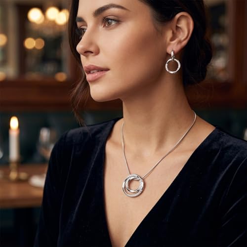 Necklace and Earring Sets for Women, Bohemian Style Jewelry Collection with Gold Silver Bronze Colors, Round Pendant Design for Daily Wear and Special Occasions, Jewelry Sets for Women - color: Silver2