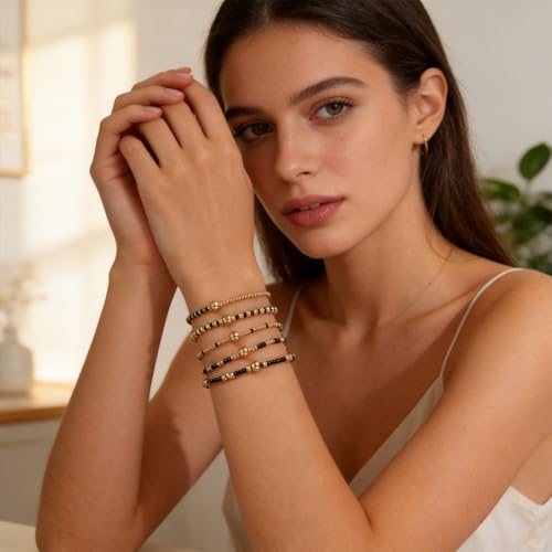 Dainty Gold Beaded Stack Bracelets for Women, Boho Bohemian Black Stackable Stretch Bead, Handmade Colorful Seed Beads Layering Jewelry