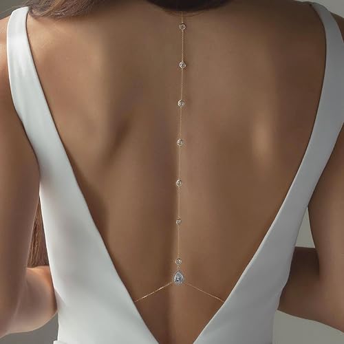 Wedding Back Necklace for Backless Dress Gold Silver Cz Bridal Backdrop Necklace Choker Rhinestone Teardrop Brides Back Body Chain Sparkly Crystal Diamond Long Drop Y Lariat Pendant Bridesmaid Women - color: Gold