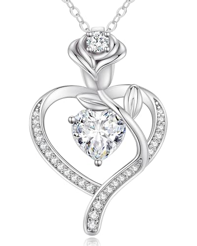 LOUISA SECRET Rose Flower Heart Birthstone Necklaces for Women, 925 Sterling Silver Jewelry, Pendant Heart Necklaces Birthday Anniversary Christmas Gift for Women Wife Mom Girlfriend Lady - color: White Gold-04-Apr