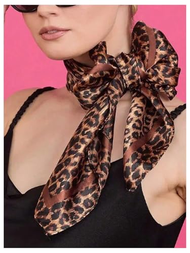 RoseSeek Women's Cheetah Print Silk Head Scarf Leopard Satin Rave Hair Scarf Headband Square Scarves - color: Brown