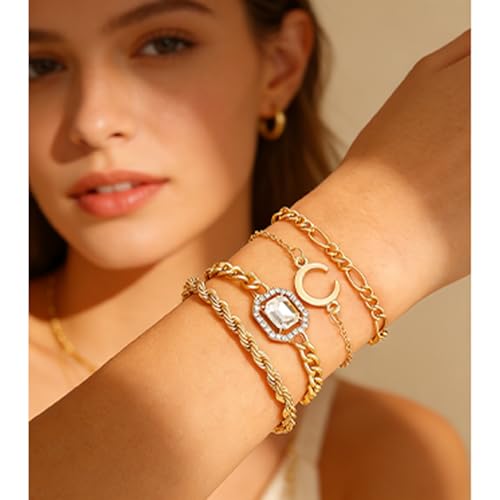 Alegend Titanium Steel (Not Rust, Resist Corruption, Easily Clean) 18K Gold Plated Single Bracelets + 14K Gold Plated Stackable Multilayer Bracelets - style: 14K Gold Plated Four-Layered