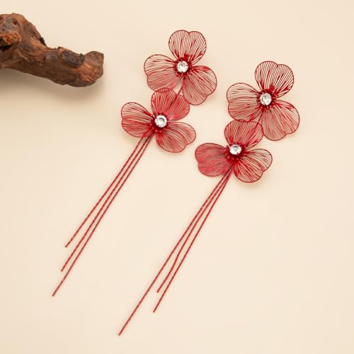 Boho Gold Flower Drop Dangle Earrings for Women Rhinestone Floral Leaf Chandelier Earring Layered Long Tassel Statement Floral Earring Prom Brides Wedding Party Fashion Jewelry Accessary - color: Red