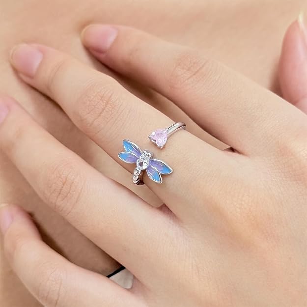 PARCOM Adjustable Women Stackable Ring, 925 Sterling Silver Open Rings - Trendy Eternity Cubic Zirconia Stackable Band Engagement Promise Ring for Her, Hypoallergenic Non Tarnish Nature Bird Floral Thumb Rings - color: Dragonfly Heart