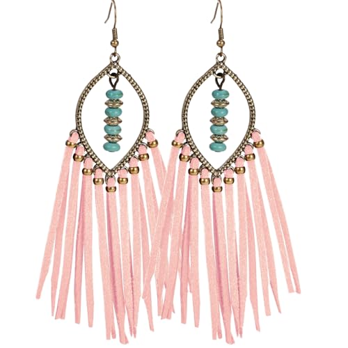 Long Bohemian Fringe Leather Earrrings Handmade Tassel Earrings with Turquoise Christmas Long Dangle Earrings for Women rodeo jewelry - color: 8