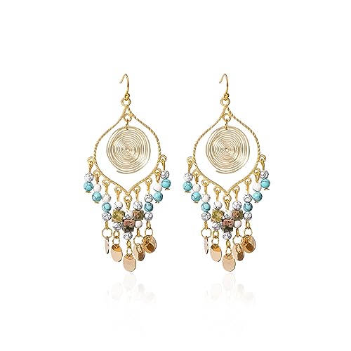 Bohemian Long Tassel Turquoise Beads Water Drop Dangle Earrings For Women Vintage Sbb Copper Coil Necklace Mujer Exaggerated Earring - color: Style 1