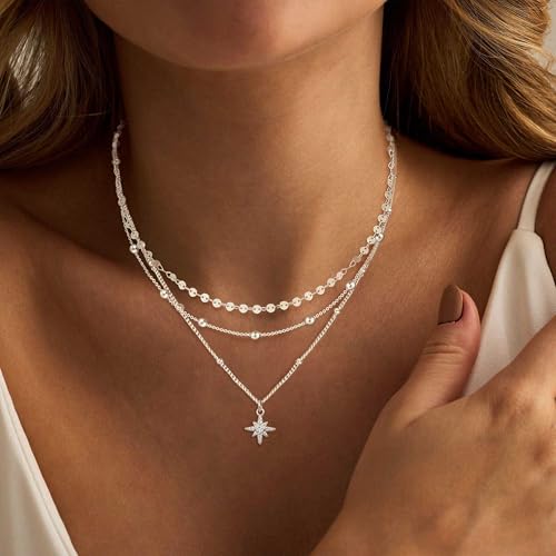 XIXINI Layered Necklaces for Women, Dainty Gold Necklace Stack 14k Gold Plated Layering Beads Choker Pendant Necklace Set Simple Statement Gold Necklaces for Women Trendy Fashion Gold Jewelry Sets - color: 3layered star necklaces-Silver