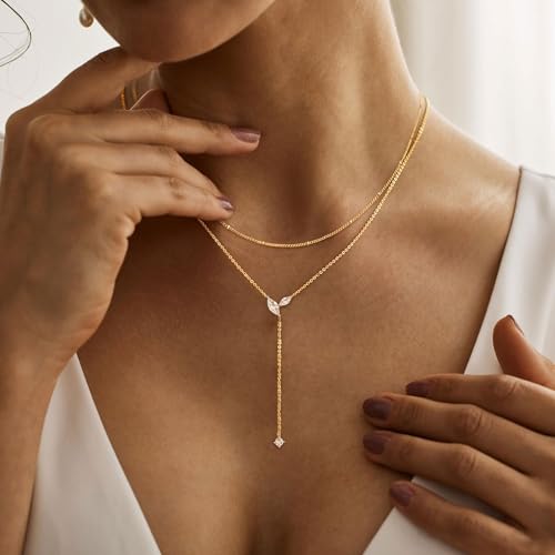 Gold Necklace for Women - Dainty Long Lariat Necklace 14K Gold Plated Clover Star Teardrop CZ Y Shaped Drop Necklaces Cute Long Necklaces for Women Trendy Prom Formal Womens Jewelry - color: Gold-Layered PJ Drop