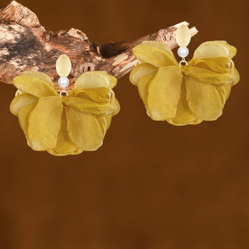 Handmade Fabric Flower Petal Fringe Dangle Drop Earrings Bohemian Floral Tassel Stud Earrings For Women - color: Dark Yellow