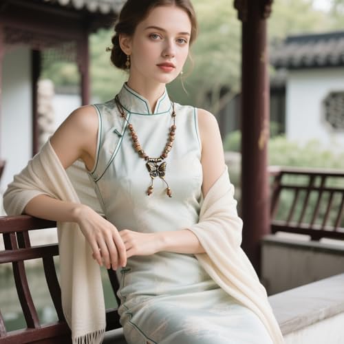 Boho Necklace for Women,Vintage Butterfly Pendant Necklaces,Adjustable Wooden Beads Layered Braided Choker,Fashion Tribal Style Leather Rope Necklace Jewelry,Chunky Statement Gift for Women - color: Brown2