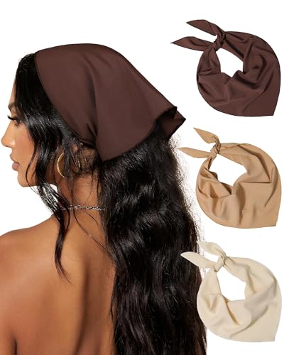 AWAYTR 3Pcs Hair Bandanas Head Kerchief for Women Girls Tie-Back Boho Hair Scarf Headband Bandana Triangle Head Scarf - color: Solid Color - Beige / Khaki / Brown