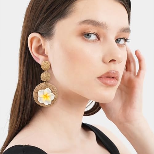 Boho Raffia Ball Earrings for Women, Handmade Statement Drop Earrings Straw Dangle Earrings Beach Vacation Jewelry - color: Brown flowers