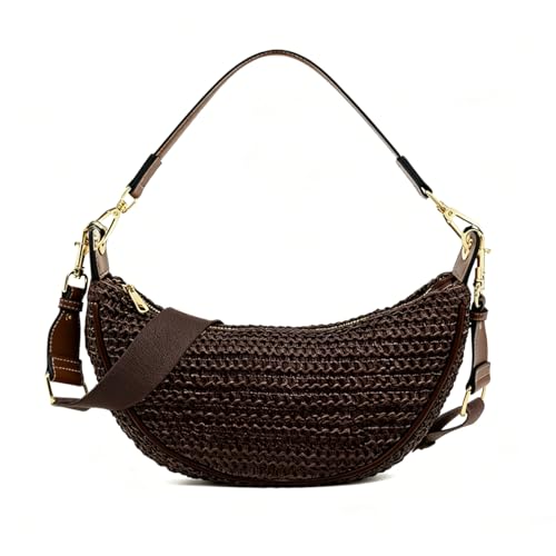 Straw Crossbody Bags for Women Crescent Woven Shoulder Handbag Summer Beach Hobo Purses with Adjustable Strap - color: Black Coffee