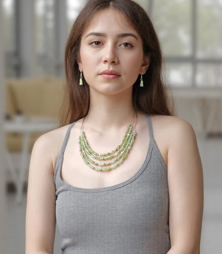 Errally Layered Beaded Statement Necklace Multi Strand Crystal Beads Collar Necklace and Earring Sets for Women Fashion Costume Jewelry Set Gifts for Her - color: Green
