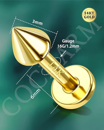 COCHARM 14k Solid Gold 16g Labret Studs Real Yellow Gold Medusa Monroe Madonna Stud Lip Piercing Helix Cartilage Conch Earring Stud - color: Yellow Point-6mm