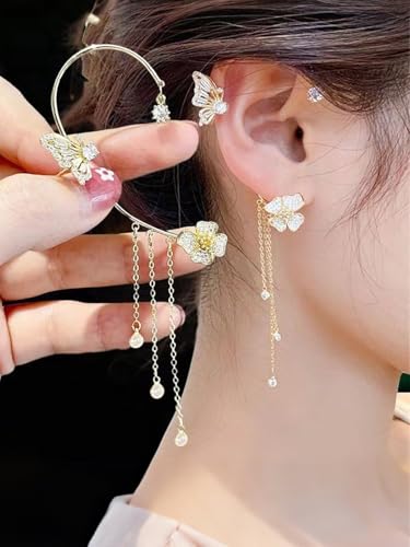 2Pcs Rhinestone Butterfly Earrings Ear Cuffs Non-Pierced Fake Earrings Butterfly Climber Wrap Around Earring Dainty Adjustable Ear Clip Jewelry for Women - color: Style1-gold
