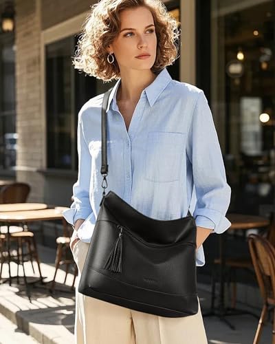 MASINTOR Hobo Crossbody Bags for Women, 2 in 1 Convertible Leather Crossbody Purse Handbags Shoulder Bags with Tassel - color: Black
